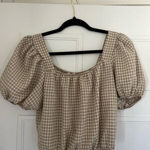 Elegant Checkered Cropped Puff Sleeve Blouse